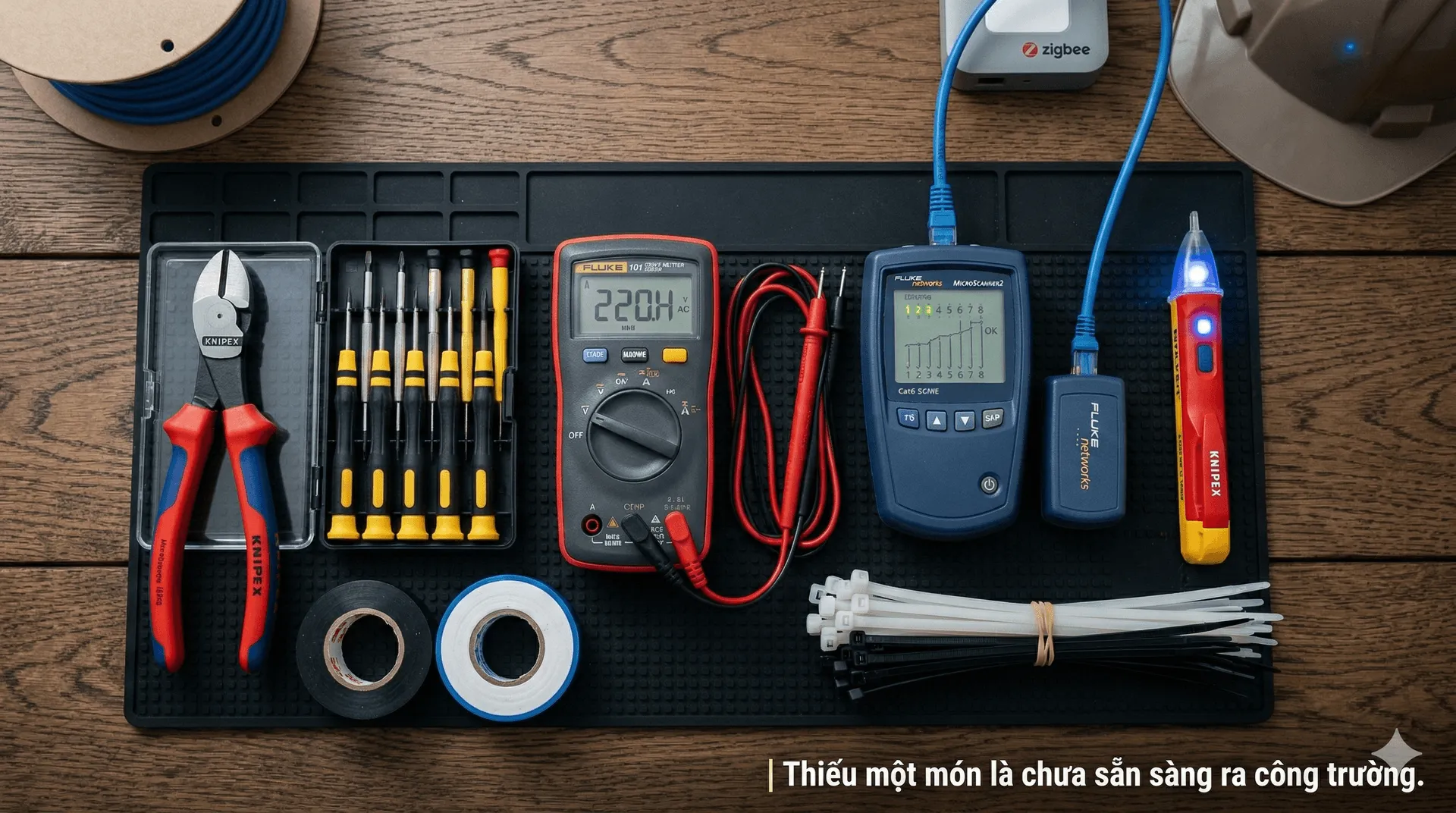 Bộ dụng cụ kỹ thuật viên smarthome bày gọn trên bàn làm việc