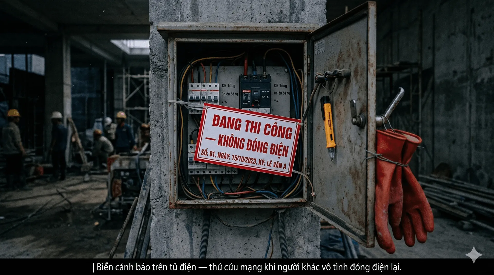 Tủ điện công trường đã ngắt CB, gắn biển cảnh báo đỏ KHÔNG ĐÓNG ĐIỆN