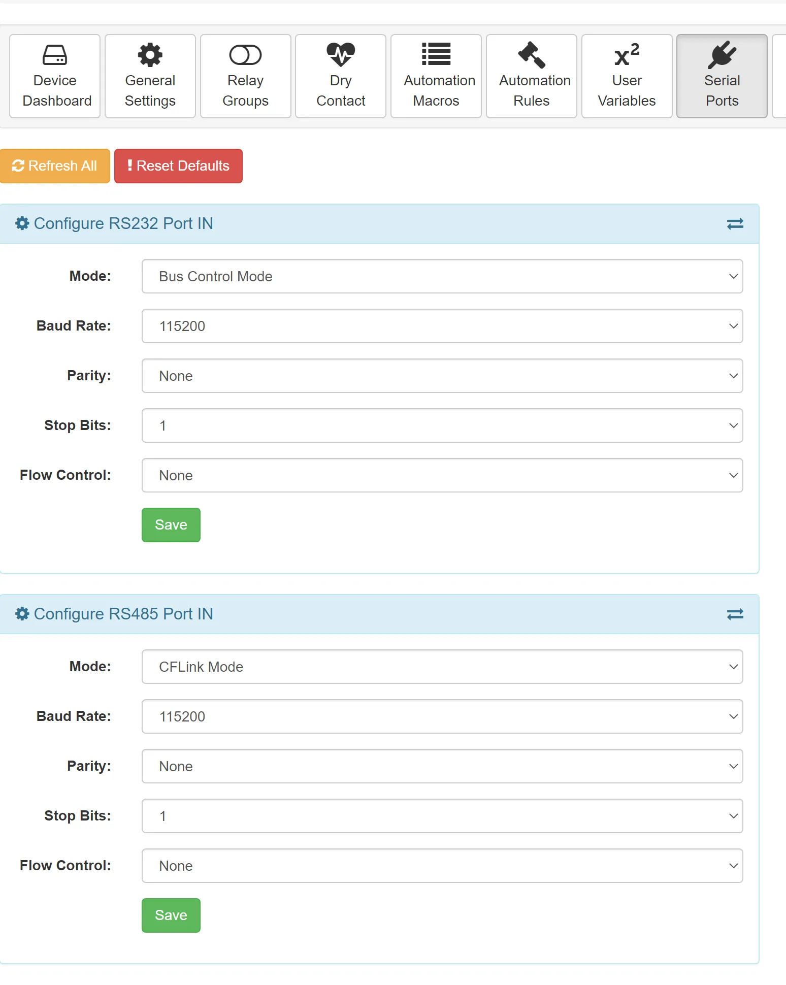 Cấu hình RS485 Port IN